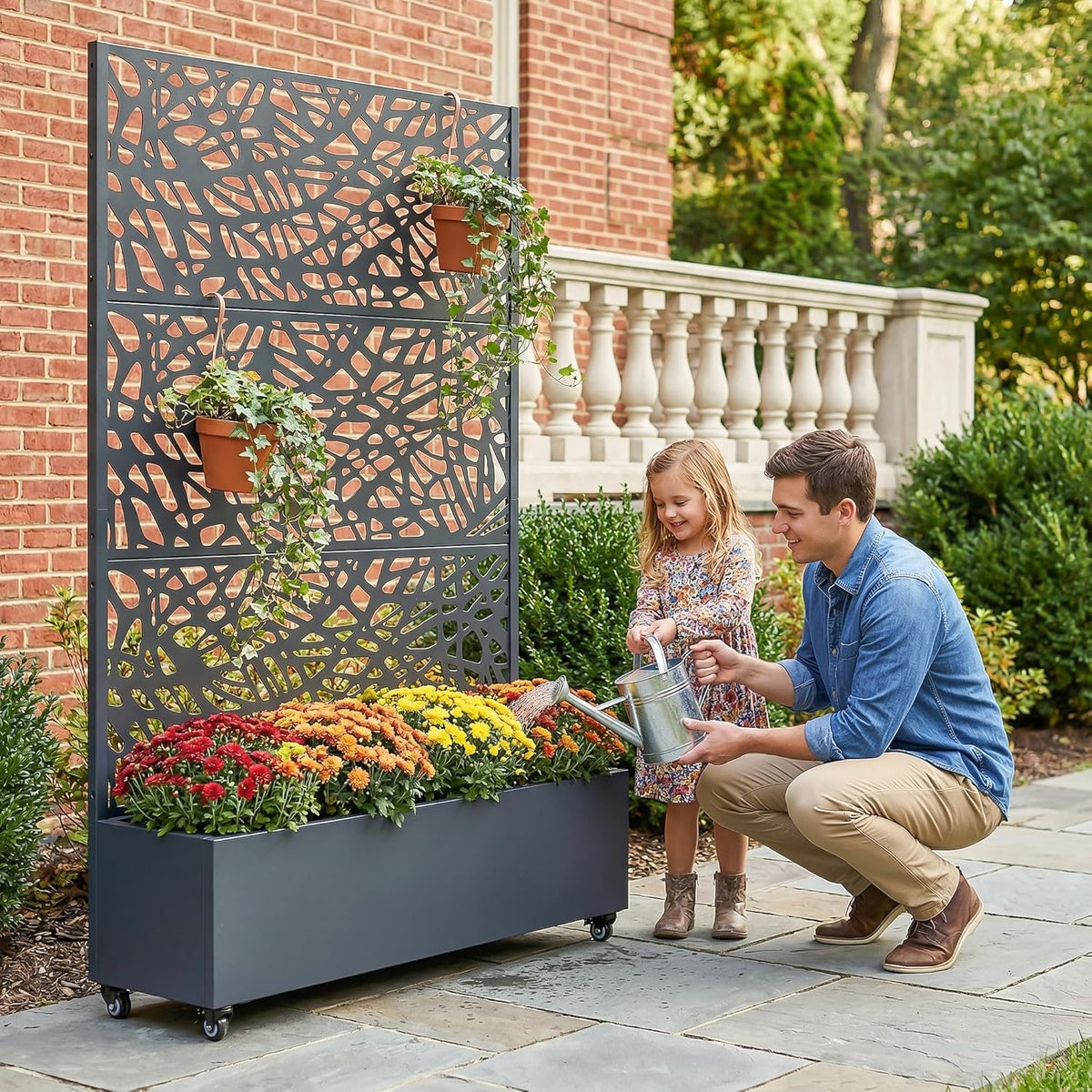 Casaphoria Metal Raised Garden Bed with Trellis and Wheels, 72"x47"x16" Planter Box for Climbing Plants, Vegetables & Vines, Features Drainage Holes and Privacy Screen (Black-Louver) - Colors D