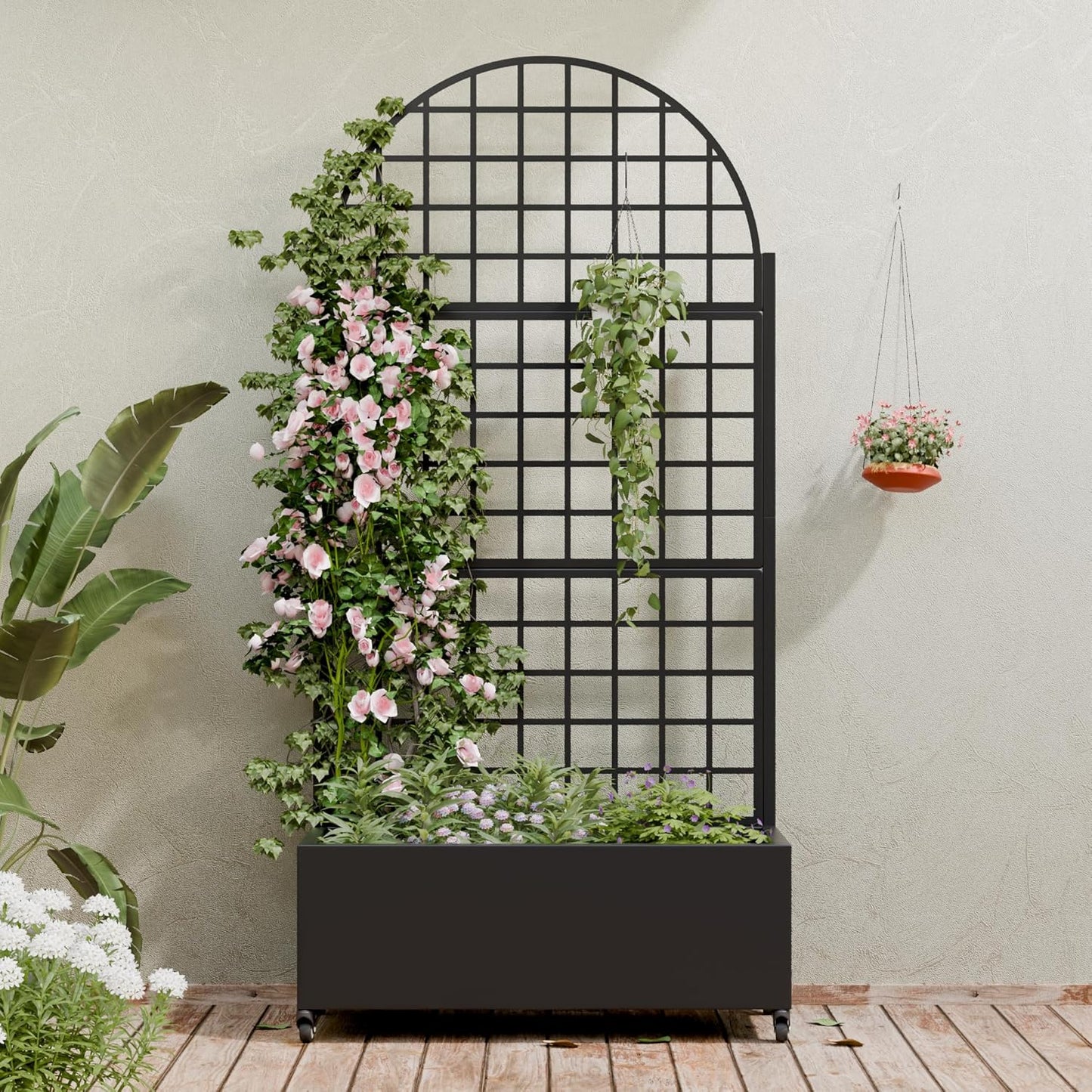Casaphoria Metal Raised Garden Bed with Trellis and Wheels, 72"x47"x16" Planter Box for Climbing Plants, Vegetables & Vines, Features Drainage Holes and Privacy Screen (Black-Louver) - Colors B