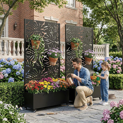Casaphoria Metal Raised Garden Bed with Trellis and Wheels, 72"x47"x16" Planter Box for Climbing Plants, Vegetables & Vines, Features Drainage Holes and Privacy Screen (Black-Louver) - Colors B