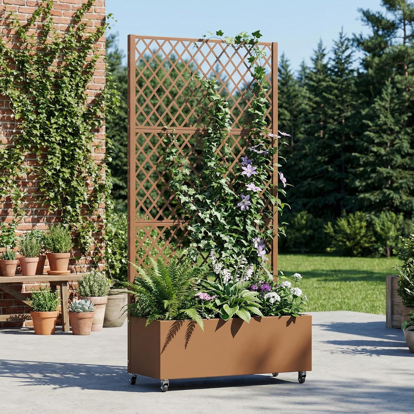 Casaphoria Metal Raised Garden Bed with Trellis and Wheels, 72"x47"x16" Planter Box for Climbing Plants, Vegetables & Vines, Features Drainage Holes and Privacy Screen (Black-Louver) - Colors A