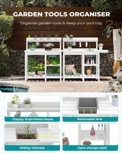 SERWALL Outdoor Potting Bench with Removeable Sink,Rot-Resistant HDPE Potting Table for Outside Gardening, All Weather Use - Gray