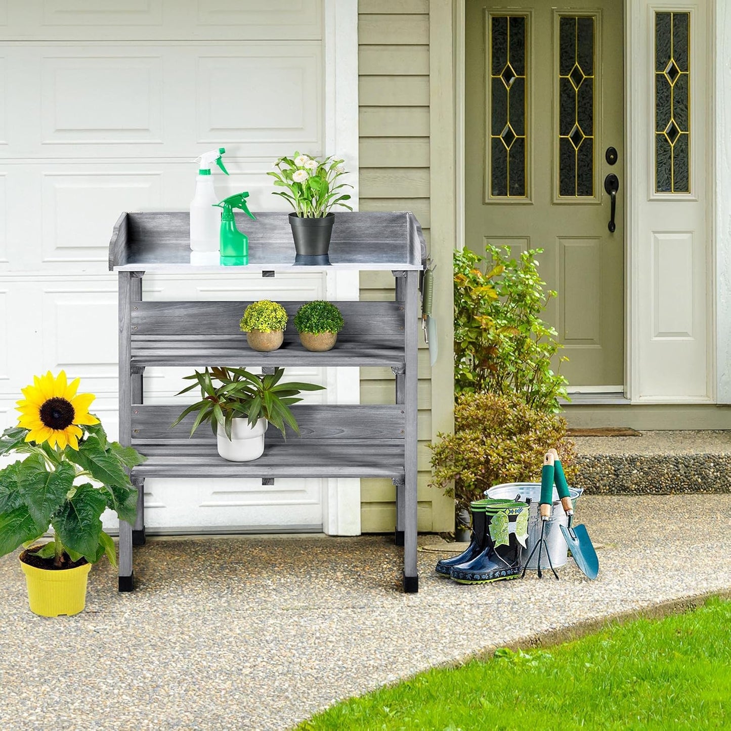 Topeakmart Potting Bench Table w/Metal Tabletop for Garden, Fir Wood Workstation w/3 Tier Shelves, Outdoor Work Bench w/Hook Natural Wood
