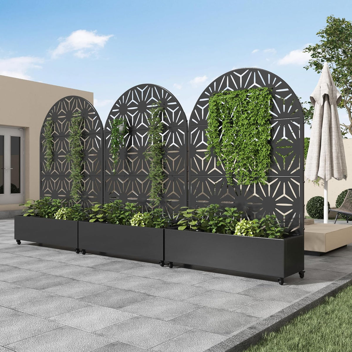 Casaphoria Metal Raised Garden Bed with Trellis and Wheels, 72"x47"x16" Planter Box for Climbing Plants, Vegetables & Vines, Features Drainage Holes and Privacy Screen (Black-Louver) - Colors C