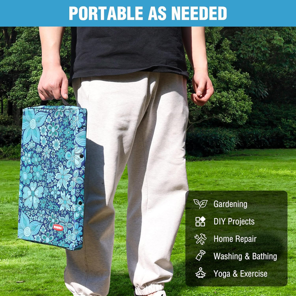 WORKPRO 17" Kneeling Pad with Removable Cover, Soft Pad Cushioning for Knee, Large Foam Kneeler Pad for Gardening, Daily Chores, Workout Supplies, Blue Floral Printing