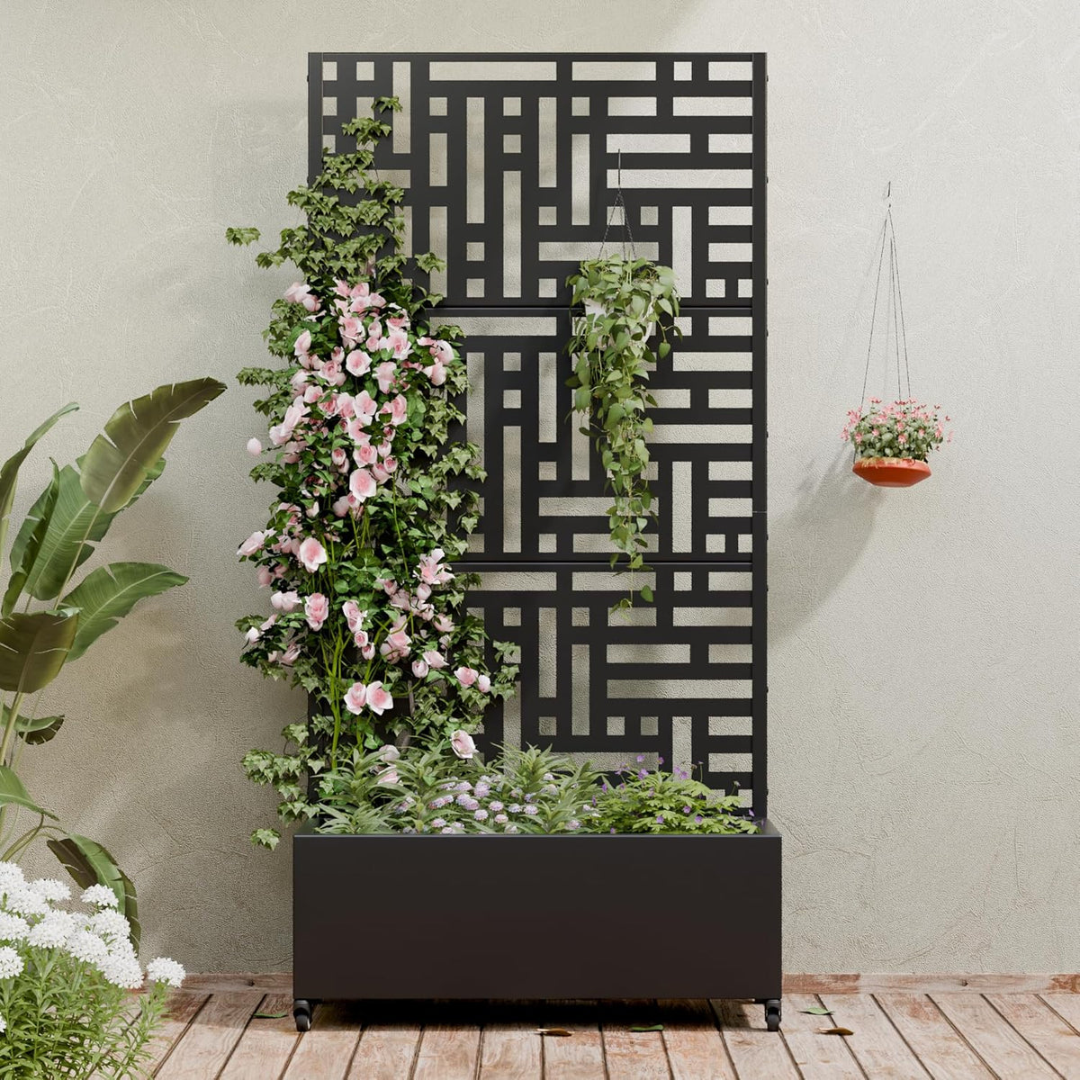 Casaphoria Metal Raised Garden Bed with Trellis and Wheels, 72"x47"x16" Planter Box for Climbing Plants, Vegetables & Vines, Features Drainage Holes and Privacy Screen (Black-Louver) - Colors C