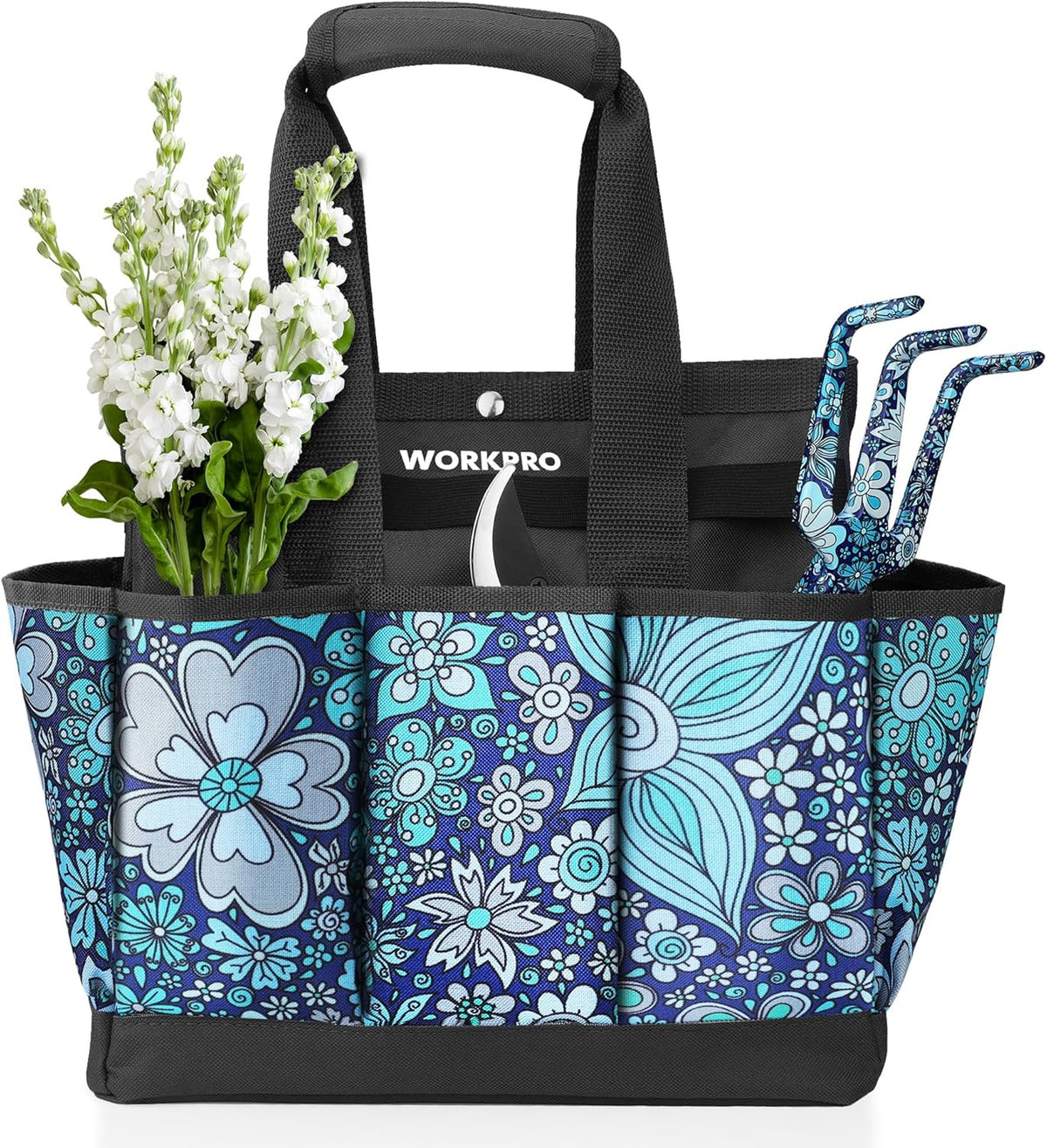 WORKPRO Garden Tool Bag, 9 Pockets Gardening Bag, Heavy Duty Oxford Garden Tote Caddy (Tools NOT Included), 12" x 12" x 6" (Floral White)