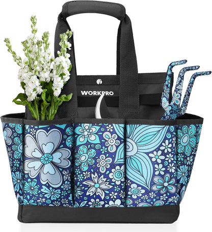 WORKPRO Garden Tool Bag, 9 Pockets Gardening Bag, Heavy Duty Oxford Garden Tote Caddy (Tools NOT Included), 12" x 12" x 6" (Floral White)