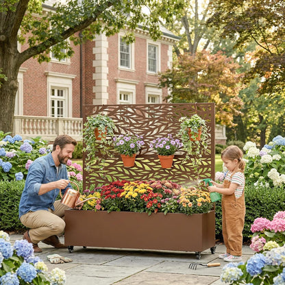 Casaphoria Metal Raised Garden Bed with Trellis and Wheels, 72"x47"x16" Planter Box for Climbing Plants, Vegetables & Vines, Features Drainage Holes and Privacy Screen (Black-Louver) - Colors C