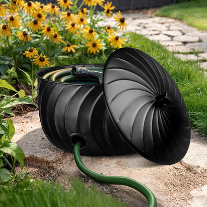 Monarch Abode Garden Hose Holder with Lid – Decorative Water Hose Holders for Outside, Wave Embossed Metal Matte Black Pot with Drainage, 100ft Waterhose Holder for Outside, Garden Storage Caddy