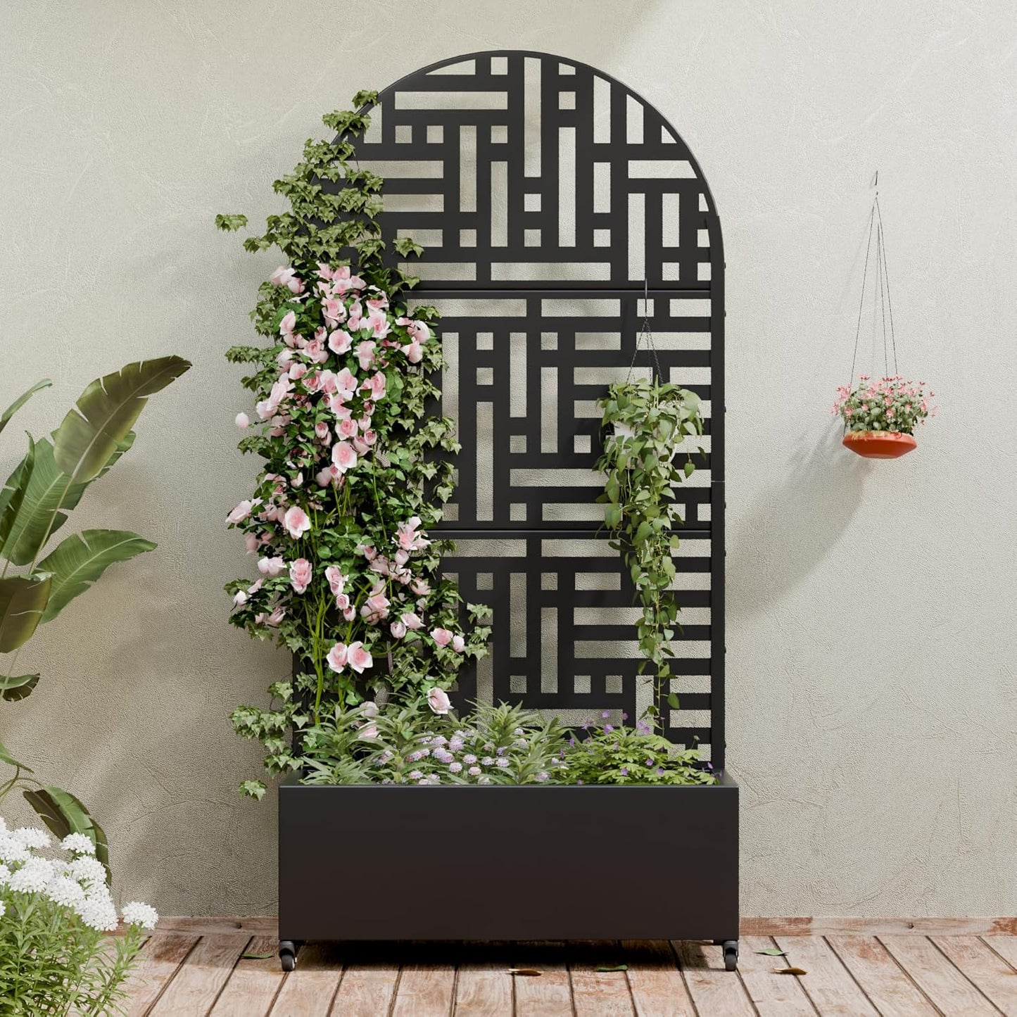 Casaphoria Metal Raised Garden Bed with Trellis and Wheels, 72"x47"x16" Planter Box for Climbing Plants, Vegetables & Vines, Features Drainage Holes and Privacy Screen (Black-Louver) - Colors D