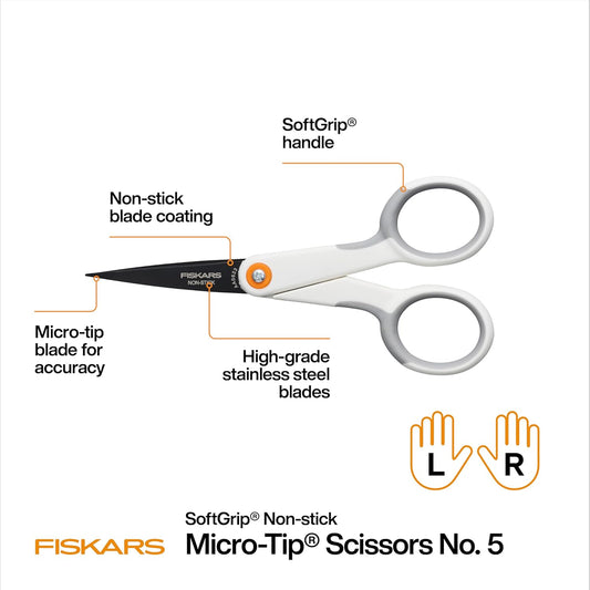 5" Non-Stick Micro-Tip Scissors for Sticky Materials, No. 5, White