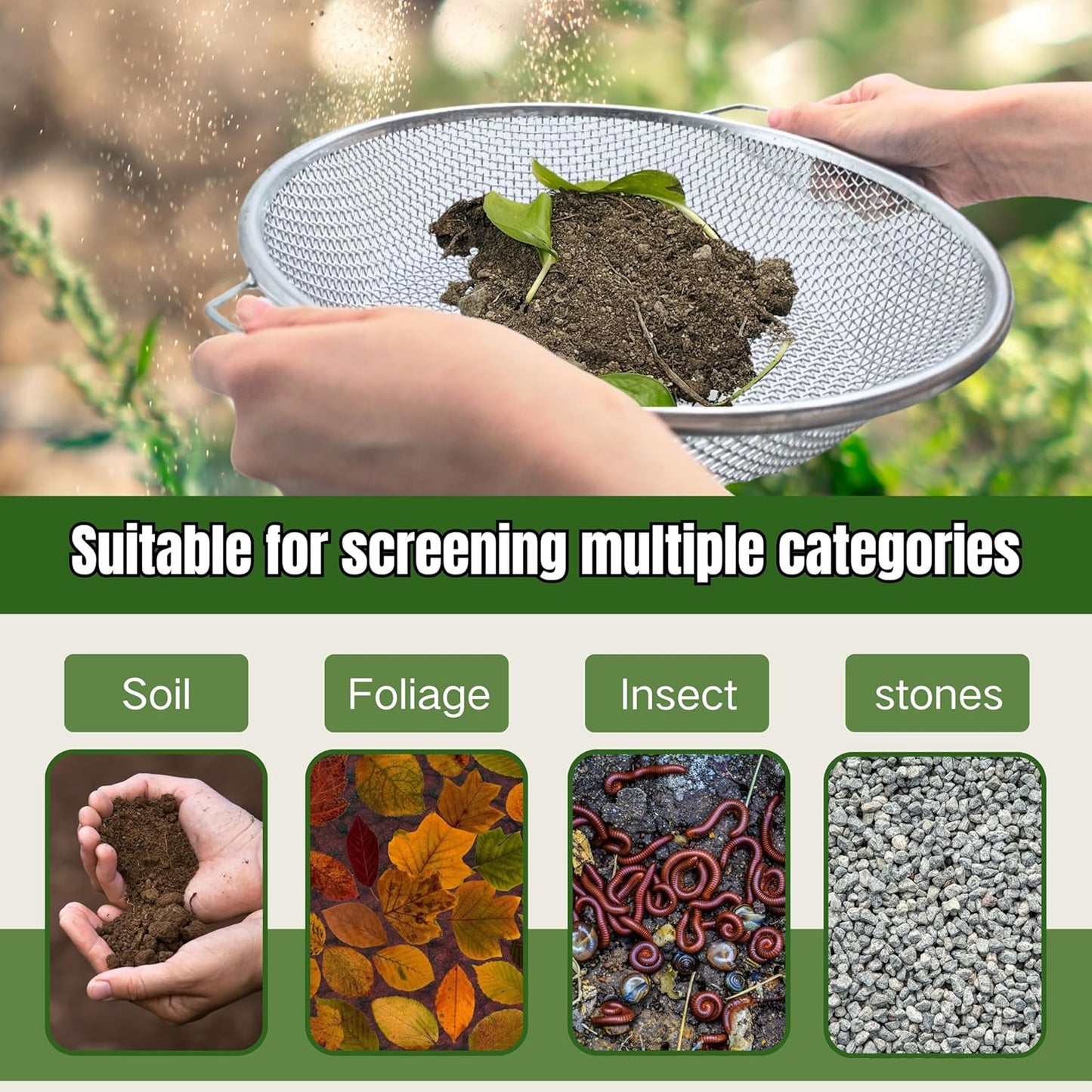 3PCS Soil Sifter for Gardening, Rock Sifter for 5gallon Bucket, Dirt Sifter Compost Sifter, Sifter for Gravel Sawdust Vermicompost, 3mm, 6mm,8mm, Soil Sifter with Handle