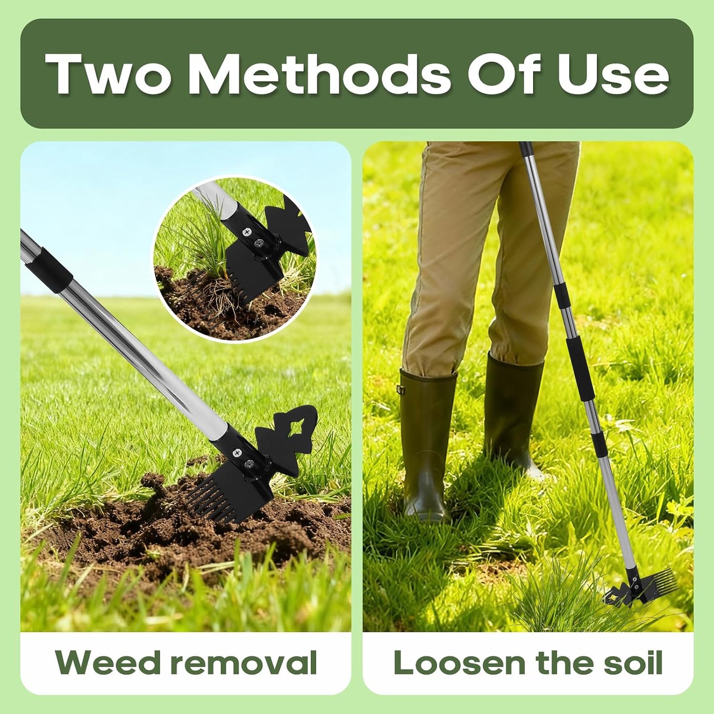 Weed Tool with Long Handle - 60" Manual Weeder Remover Tool, 2 in 1 Hand Weed Rake and Garden Hoe for Gardening, Heavy Duty Uprooting Weeding Pull for Yard, Lawn, Patio and Garden