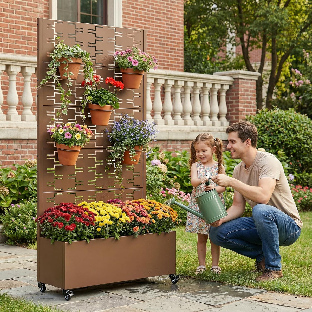 Casaphoria Metal Raised Garden Bed with Trellis and Wheels, 72"x47"x16" Planter Box for Climbing Plants, Vegetables & Vines, Features Drainage Holes and Privacy Screen (Black-Louver) - Colors A