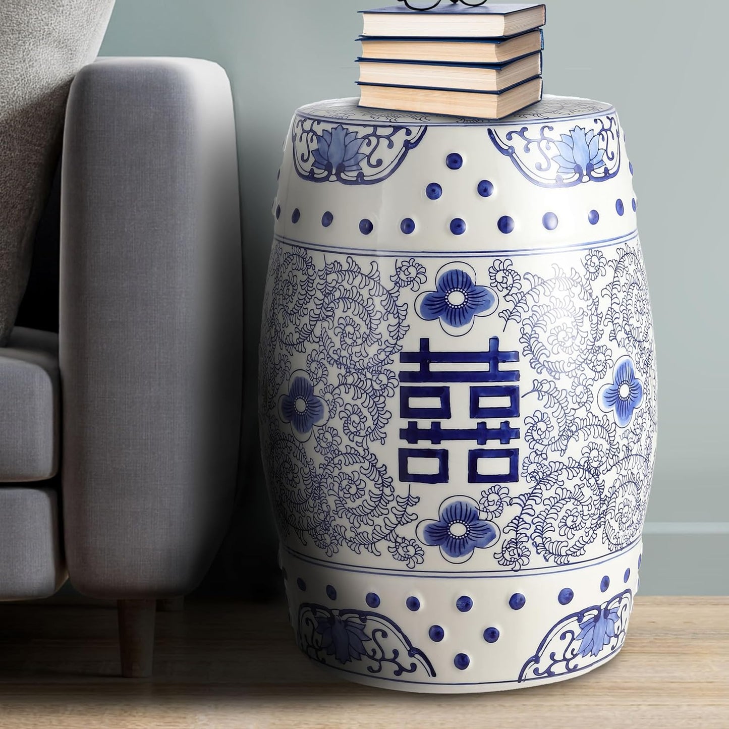 JONATHAN Y Double Happiness 18" Ceramic Garden Stool, Traditional Chinoiserie Dusty Teal and White Indoor/Outdoor Patio Drum Accent Side Table and Plant Stand TBL1013C