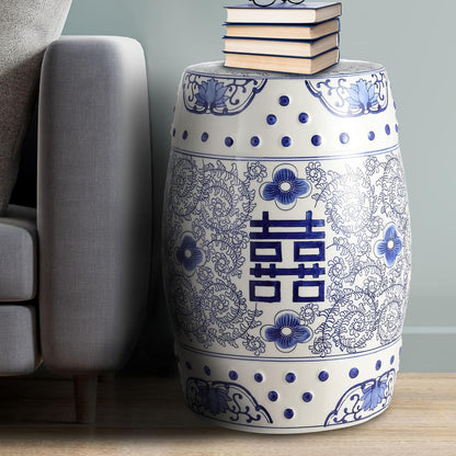 JONATHAN Y Double Happiness 18" Ceramic Garden Stool, Traditional Chinoiserie Dusty Teal and White Indoor/Outdoor Patio Drum Accent Side Table and Plant Stand TBL1013C