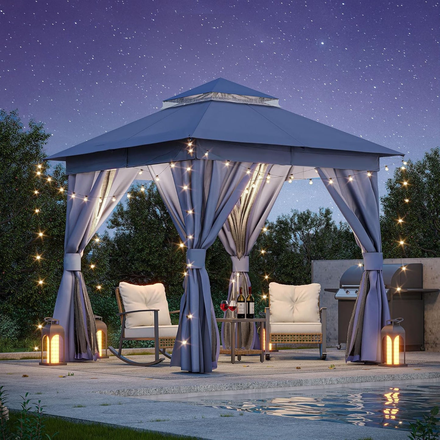10x20 Gazebo Canopy with 100FT String Lights, Metal Heavy Duty Patio Canopy Tent with Double Roofs, Mosquito Nettings and Privacy Screens for Backyard, Garden, Lawn, Gray