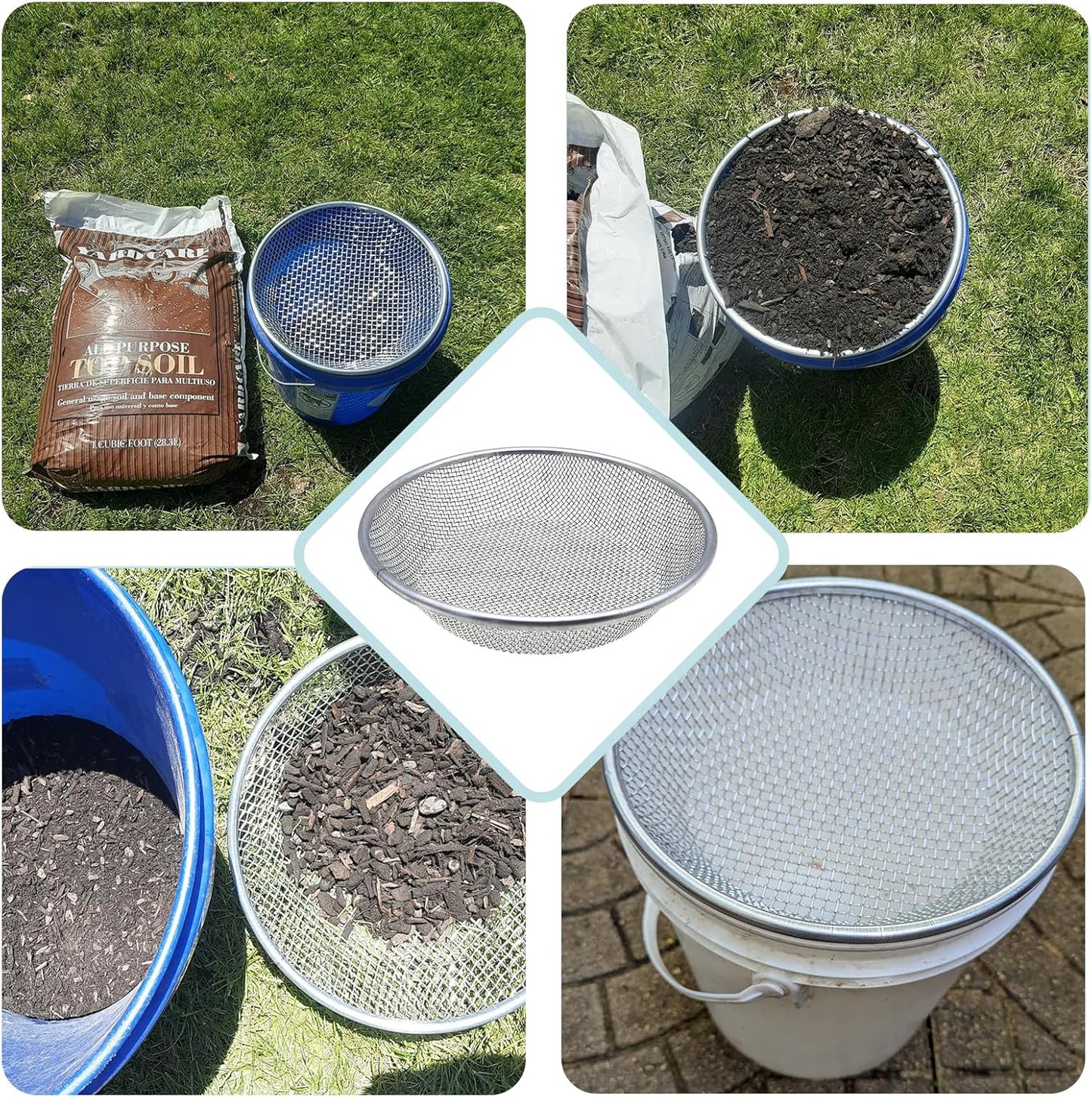 2PCS Soil Sifter for Gardening, Rock Sifter for 5 Gallon Bucket,Compost Sifter Dirt Sifter,Captures Dirt Rocks Sawdust Black Handle Upgrade Version