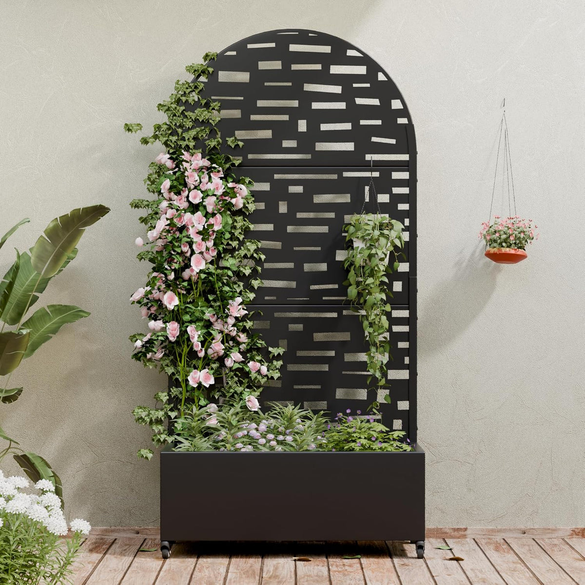 Casaphoria Metal Raised Garden Bed with Trellis and Wheels, 72"x47"x16" Planter Box for Climbing Plants, Vegetables & Vines, Features Drainage Holes and Privacy Screen (Black-Louver) - Colors B