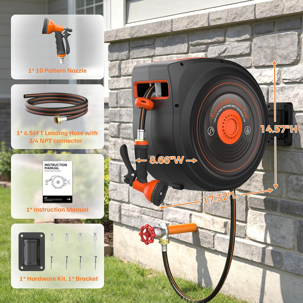 Mars Villa Retractable Garden Hose Reel 1/2 IN x 50 FT, Wall Mounted Heavy Duty Water Hose for Outside, Auto-Rewind & Any Length Lock, 180° Swivel Bracket, Slow Return, 10 Spray Patterns, UV-Resistant