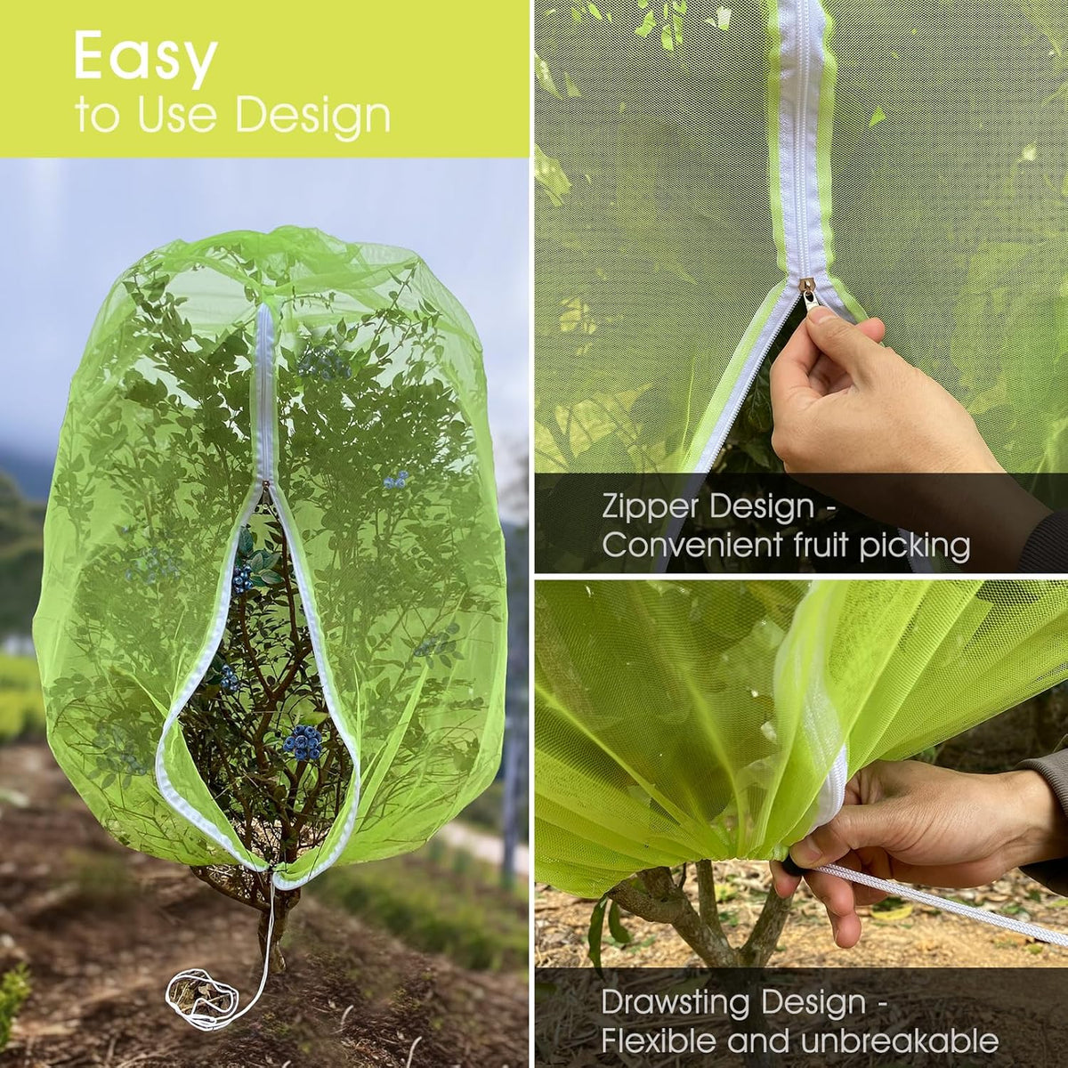 Fruit Tree Netting, RIFNY 3.9 X 3.3 FT Blueberry Bush Netting Cover with Zipper Drawstring, Outdoor Mosquito Net Garden Netting Cover Protector Plant from Birds Cicadas Animals Insect (4 PCS, White)