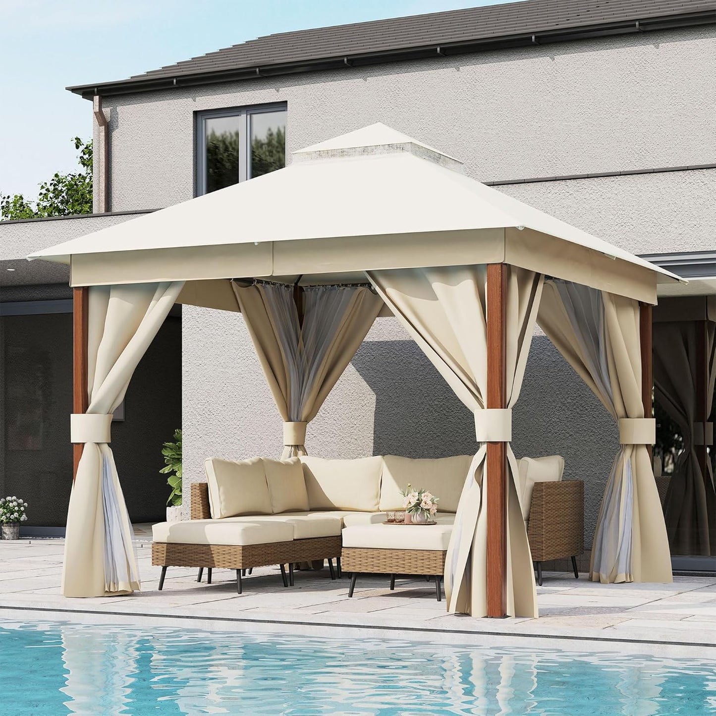 10x20 Gazebo Canopy with 100FT String Lights, Metal Heavy Duty Patio Canopy Tent with Double Roofs, Mosquito Nettings and Privacy Screens for Backyard, Garden, Lawn, Gray