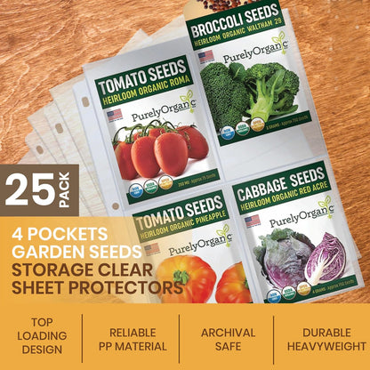 Seed Storage Organizer Sleeves, 100 Pockets (25 Pack) 3.5x5, Heavy Duty Polypropylene, Top Loading 4 Pocket Seed Packet Organizer Pages for 3 Ring Binder, Archival Safe - Performore