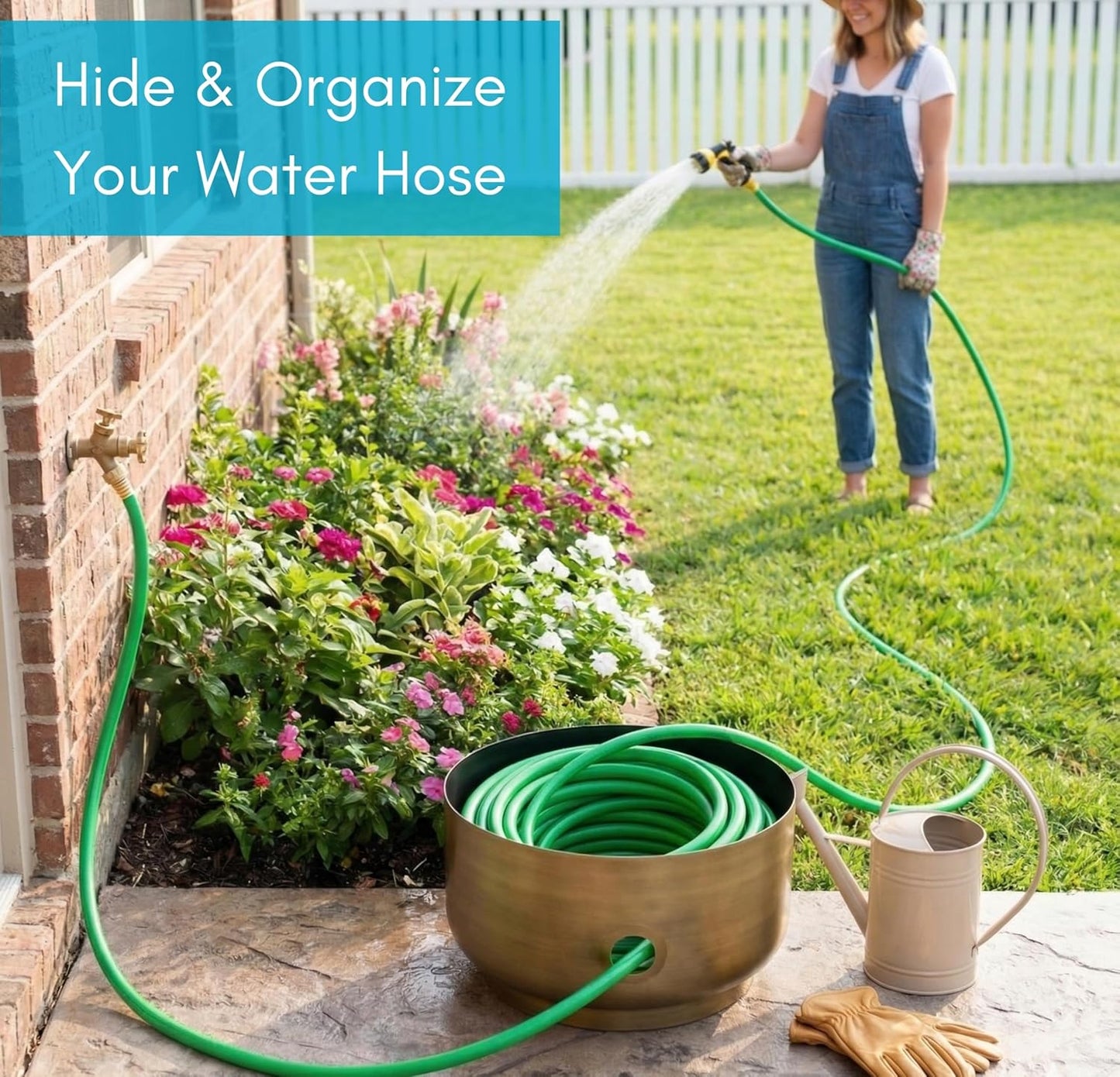 BIRDROCK HOME Decorative Footed Water Hose Holder Pot - Ground Garden Hose Box - Steel - Powdered Coated - Embossed - Steel Metal Hider - Outdoor or Indoor Use (Antique Bronze)