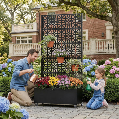 Casaphoria Metal Raised Garden Bed with Trellis and Wheels, 72"x47"x16" Planter Box for Climbing Plants, Vegetables & Vines, Features Drainage Holes and Privacy Screen (Black-Louver) - Colors B