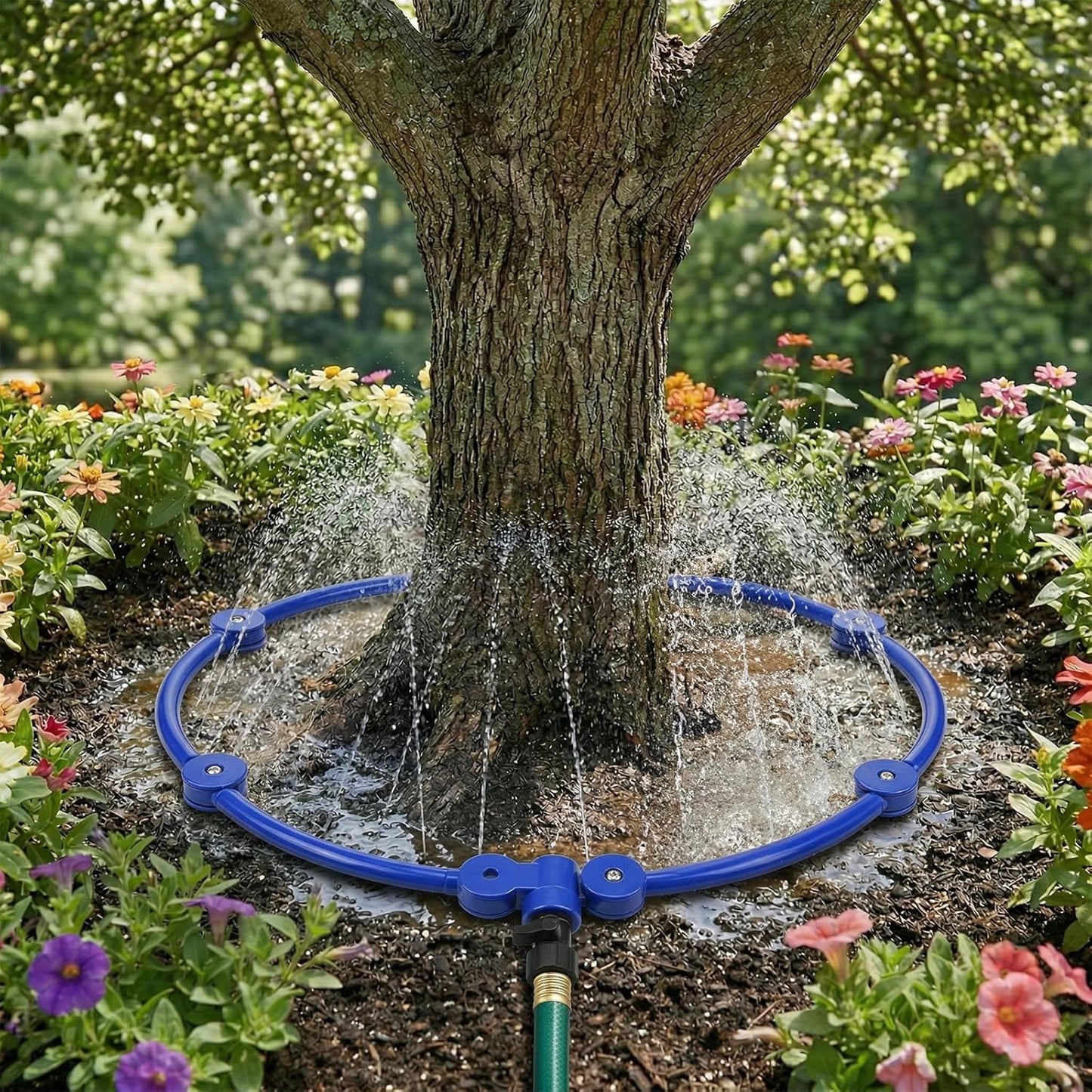 4 Pcs 360° Tree Water System Tree Root Watering Ring 13 Inch Circle Sprinkler Irrigation Slow Release Targeted Water with Y Hose Splitter for New Tree Outdoor Plants Raised Garden Beds (Green, Small)