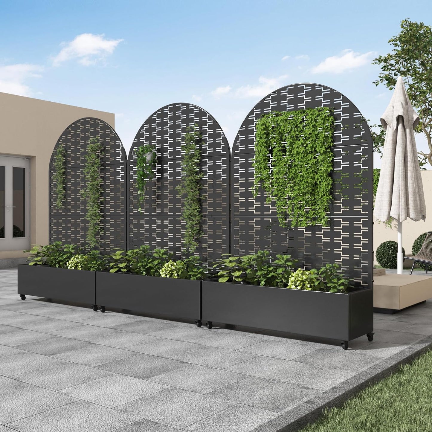 Casaphoria Metal Raised Garden Bed with Trellis and Wheels, 72"x47"x16" Planter Box for Climbing Plants, Vegetables & Vines, Features Drainage Holes and Privacy Screen (Black-Louver) - Colors C