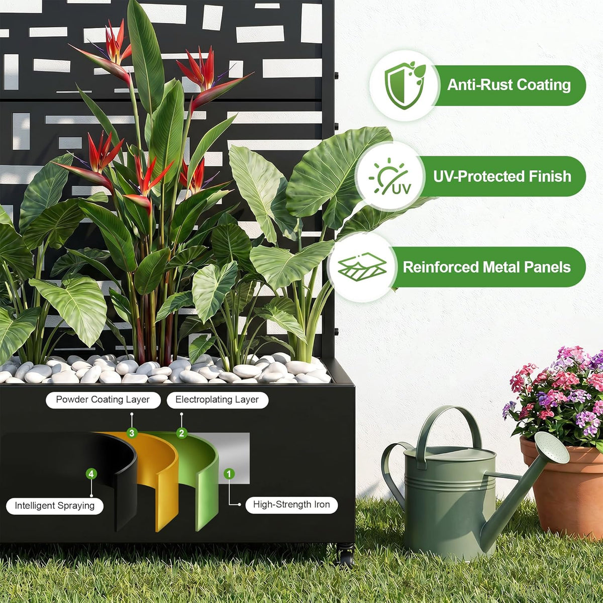 Casaphoria Metal Raised Garden Bed with Trellis and Wheels, 72"x47"x16" Planter Box for Climbing Plants, Vegetables & Vines, Features Drainage Holes and Privacy Screen (Black-Louver) - Colors D