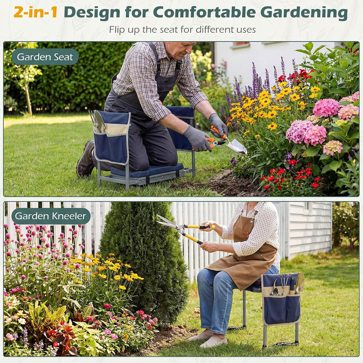 2-in-1 Garden Kneeler & Seat, Folding Seat w/EVA Foam Kneeling Pad & Removable Tools Pouch, Sturdy Steel Frame, No Assembly, Portable Heavy Duty Garden Stool for Women & Men