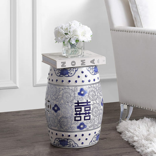 JONATHAN Y Double Happiness 18" Ceramic Garden Stool, Traditional Chinoiserie Dusty Teal and White Indoor/Outdoor Patio Drum Accent Side Table and Plant Stand TBL1013C