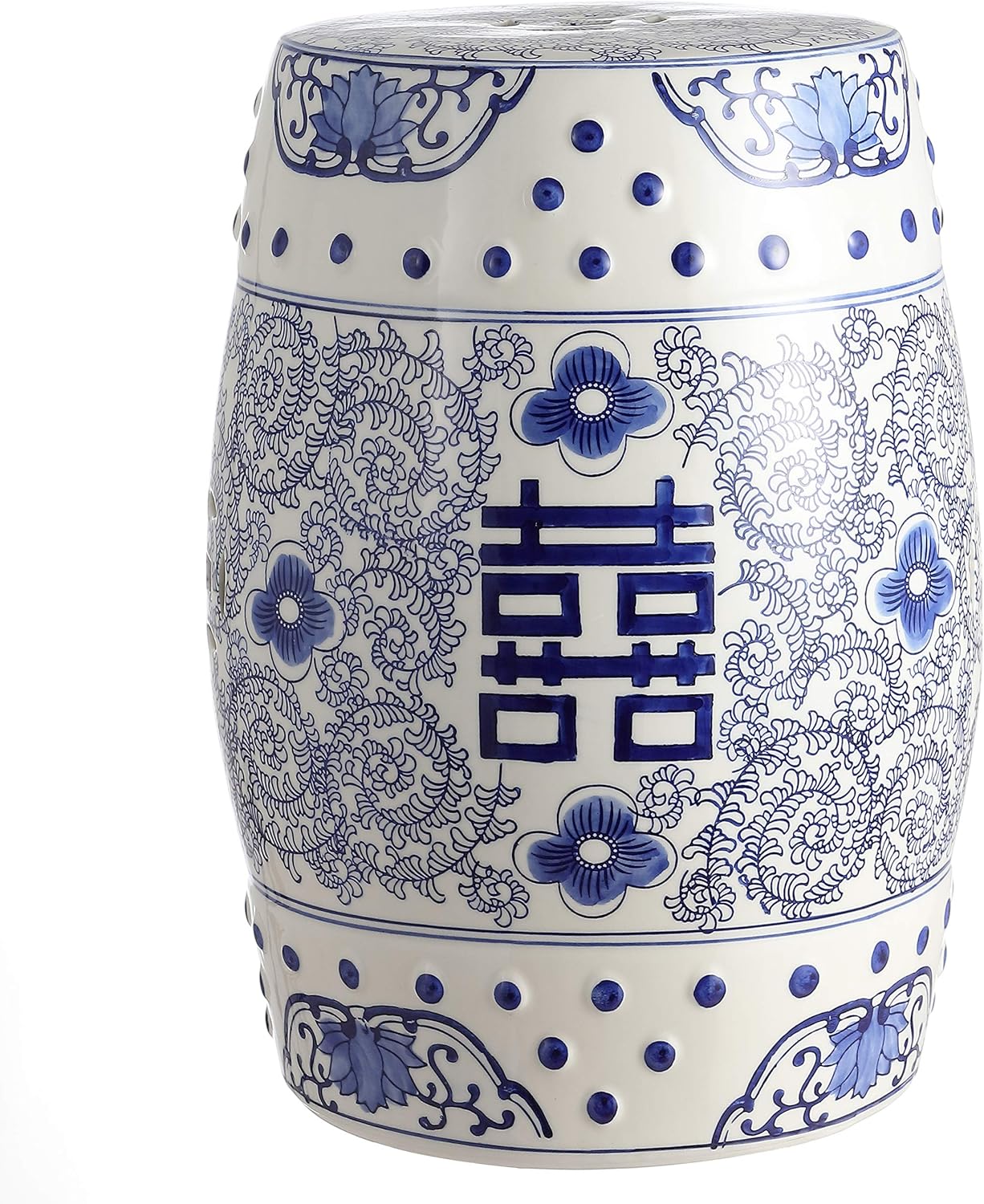 JONATHAN Y Double Happiness 18" Ceramic Garden Stool, Traditional Chinoiserie Dusty Teal and White Indoor/Outdoor Patio Drum Accent Side Table and Plant Stand TBL1013C