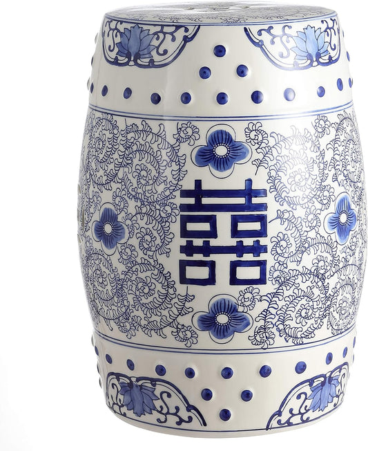 JONATHAN Y Double Happiness 18" Ceramic Garden Stool, Traditional Chinoiserie Dusty Teal and White Indoor/Outdoor Patio Drum Accent Side Table and Plant Stand TBL1013C