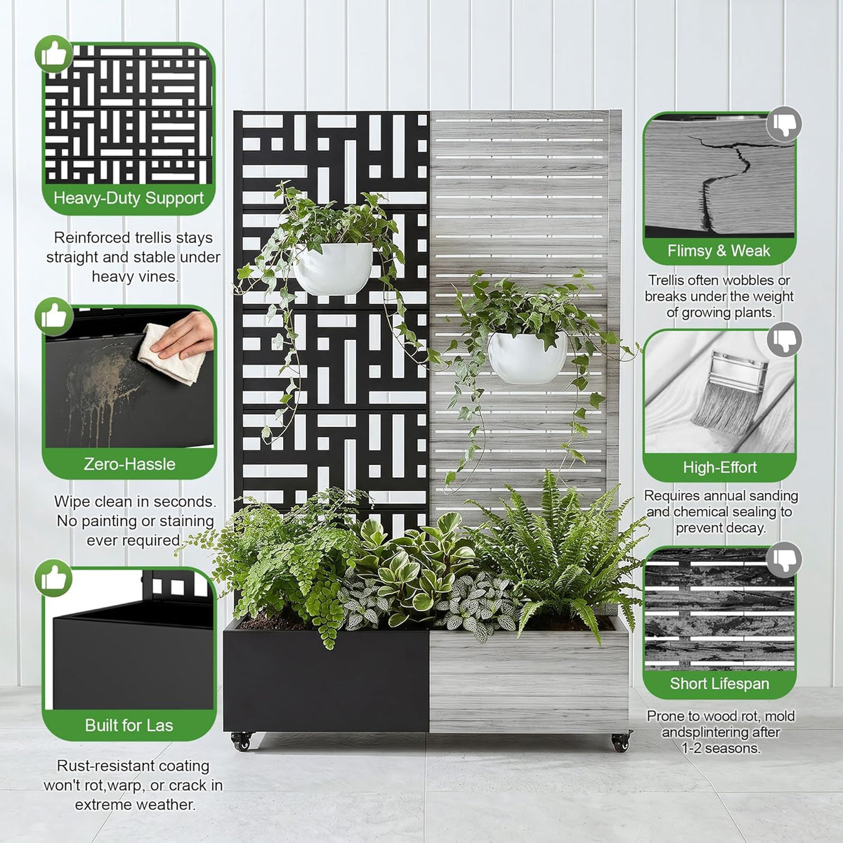 Casaphoria Metal Raised Garden Bed with Trellis and Wheels, 72"x47"x16" Planter Box for Climbing Plants, Vegetables & Vines, Features Drainage Holes and Privacy Screen (Black-Louver) - Colors B