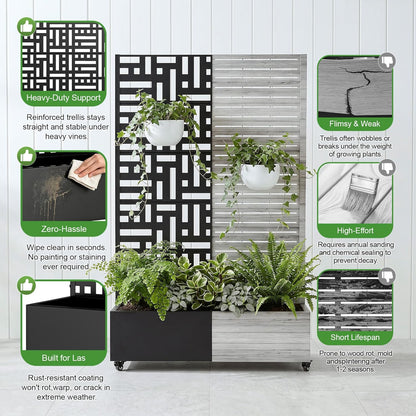 Casaphoria Metal Raised Garden Bed with Trellis and Wheels, 72"x47"x16" Planter Box for Climbing Plants, Vegetables & Vines, Features Drainage Holes and Privacy Screen (Black-Louver) - Colors B