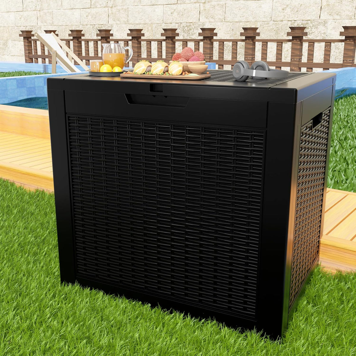 30 Gallon Outdoor Deck Box, Lockable Waterproof Outdoor Storage Boxes For Garden Tools,Indoor Cushions,Accessories Outside Storage Resin Weatherproof Container(Black)