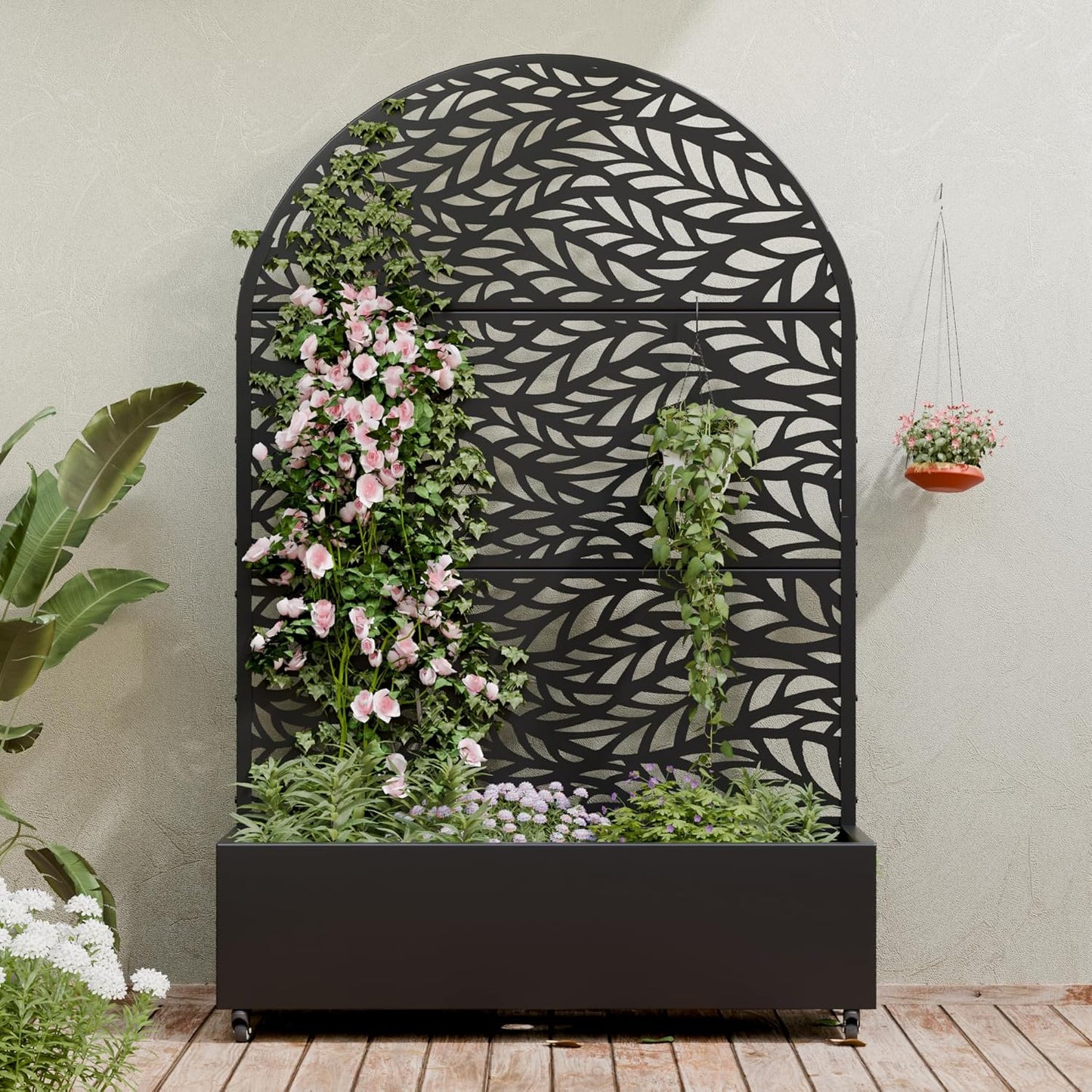 Casaphoria Metal Raised Garden Bed with Trellis and Wheels, 72"x47"x16" Planter Box for Climbing Plants, Vegetables & Vines, Features Drainage Holes and Privacy Screen (Black-Louver) - Colors A