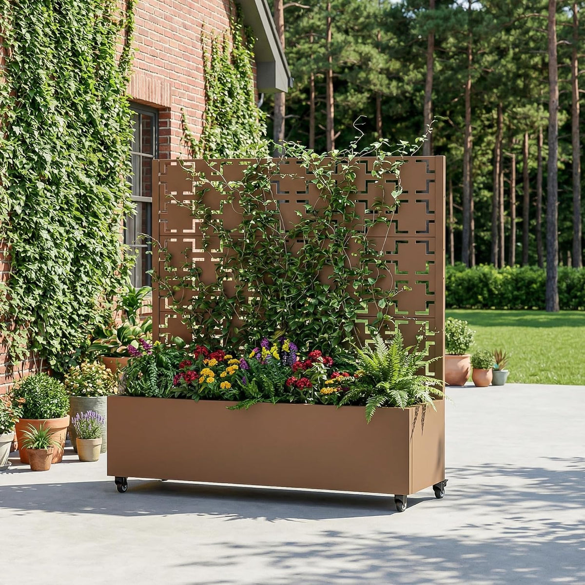 Casaphoria Metal Raised Garden Bed with Trellis and Wheels, 72"x47"x16" Planter Box for Climbing Plants, Vegetables & Vines, Features Drainage Holes and Privacy Screen (Black-Louver) - Colors D