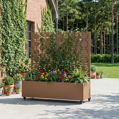 Casaphoria Metal Raised Garden Bed with Trellis and Wheels, 72"x47"x16" Planter Box for Climbing Plants, Vegetables & Vines, Features Drainage Holes and Privacy Screen (Black-Louver) - Colors D