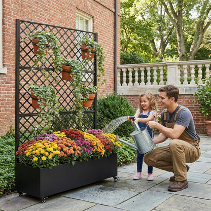 Casaphoria Metal Raised Garden Bed with Trellis and Wheels, 72"x47"x16" Planter Box for Climbing Plants, Vegetables & Vines, Features Drainage Holes and Privacy Screen (Black-Louver) - Colors D