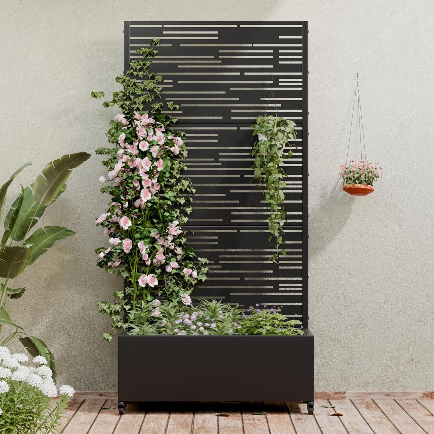Casaphoria Metal Raised Garden Bed with Trellis and Wheels, 72"x47"x16" Planter Box for Climbing Plants, Vegetables & Vines, Features Drainage Holes and Privacy Screen (Black-Louver) - Colors B