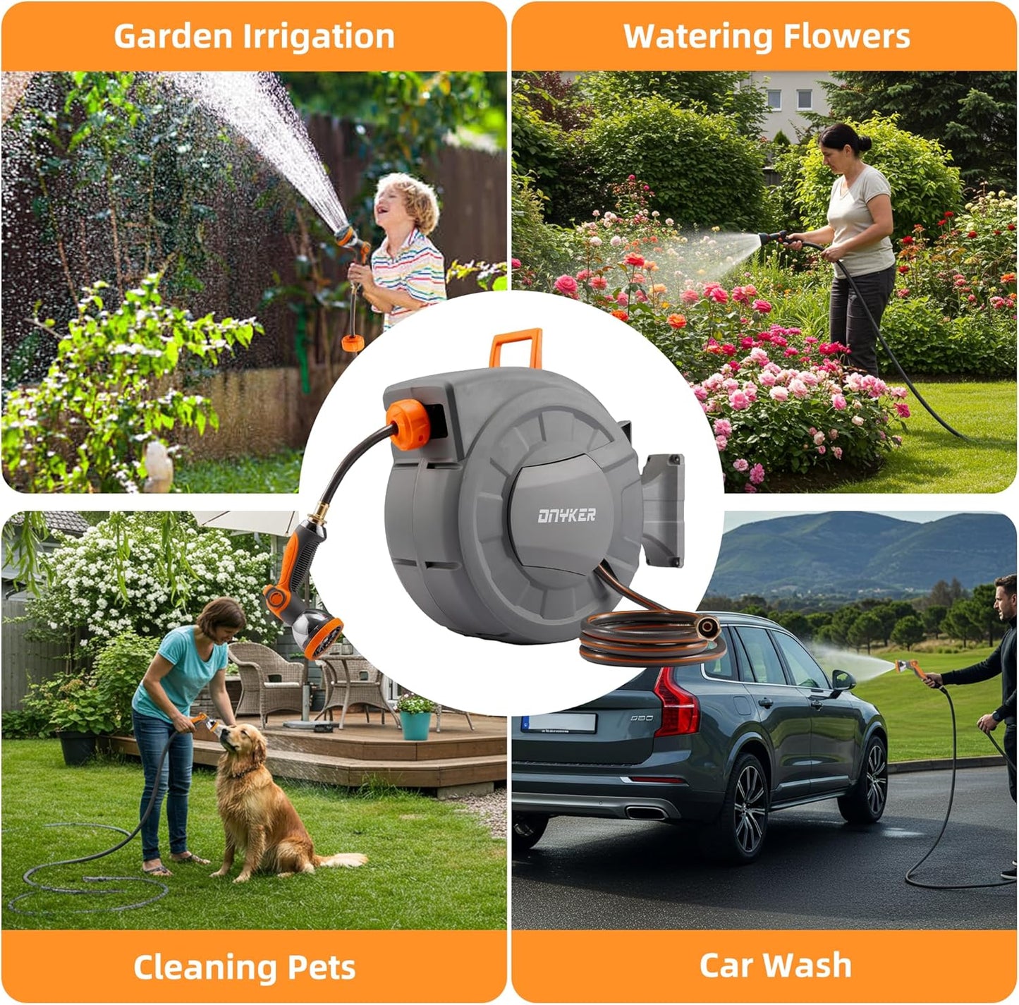Retractable Garden Hose Reel, 1/2 inch x 100 ft Water Hose Reel Wall Mounted, Any Length Lock, Slow Auto-Rewind, 180°Swivel Bracket & 10 Pattern Nozzle