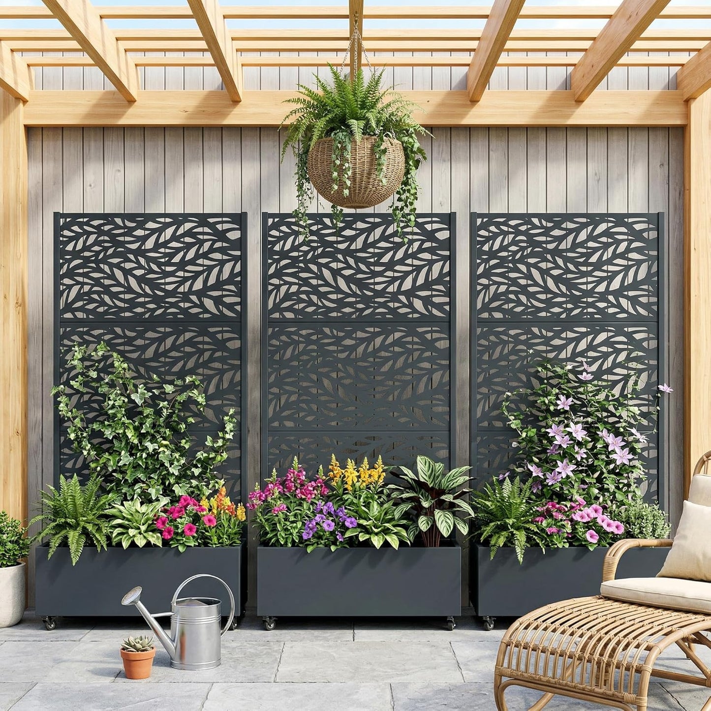 Casaphoria Metal Raised Garden Bed with Trellis and Wheels, 72"x47"x16" Planter Box for Climbing Plants, Vegetables & Vines, Features Drainage Holes and Privacy Screen (Black-Louver) - Colors A