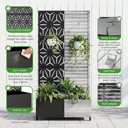Casaphoria Metal Raised Garden Bed with Trellis and Wheels, 72"x47"x16" Planter Box for Climbing Plants, Vegetables & Vines, Features Drainage Holes and Privacy Screen (Black-Louver) - Colors A