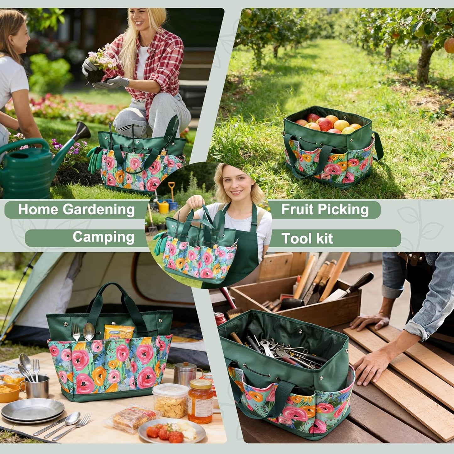 Waterproof Garden Tool Bag, 600D Oxford Portable Gardening Tote with Handle & Multi Pockets, Ideal Gifts for Parents Women (Green, Tools Not Included)