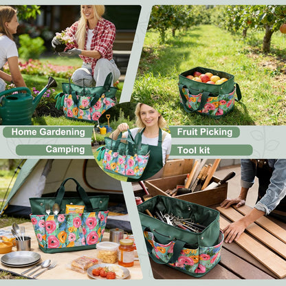 Waterproof Garden Tool Bag, 600D Oxford Portable Gardening Tote with Handle & Multi Pockets, Ideal Gifts for Parents Women (Green, Tools Not Included)