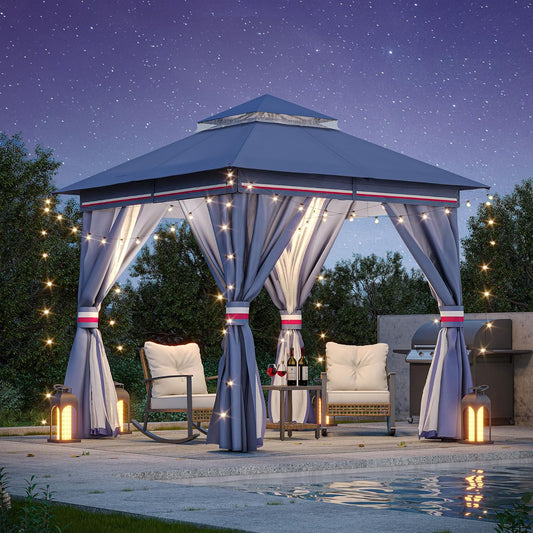 10x20 Gazebo Canopy with 100FT String Lights, Metal Heavy Duty Patio Canopy Tent with Double Roofs, Mosquito Nettings and Privacy Screens for Backyard, Garden, Lawn, Gray